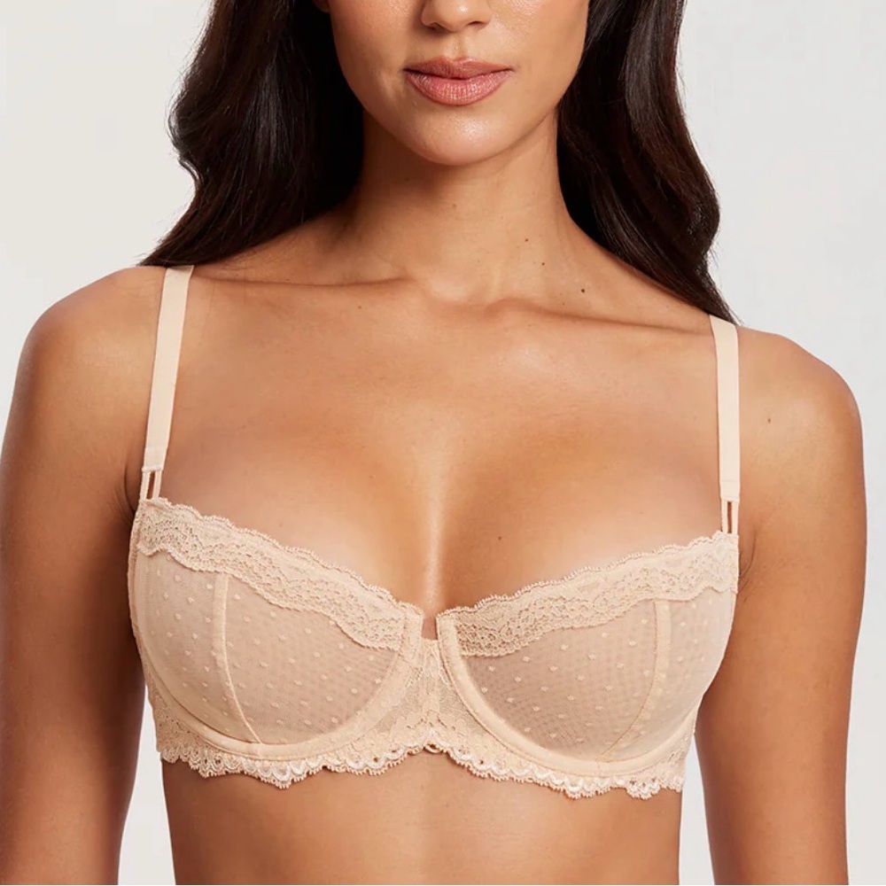 Dobreva Women's Sexy Lace Balconette Bra BEIGE Size 34DD NWT